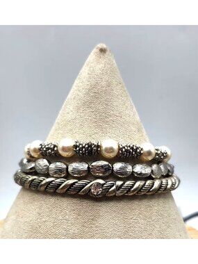 3 Silver Tone Stretch Bracelets, Faux Pearls Fancy Beads